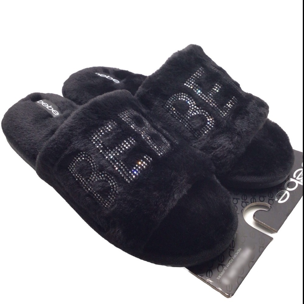 Bebe Women’s Black Rhinestone Faux Fur Memory Foam Indoor/Outdoor Slippers